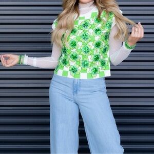 QUEEN OF SPARKLES Shamrock St. Patricks Day-Green and Cream Knit Top